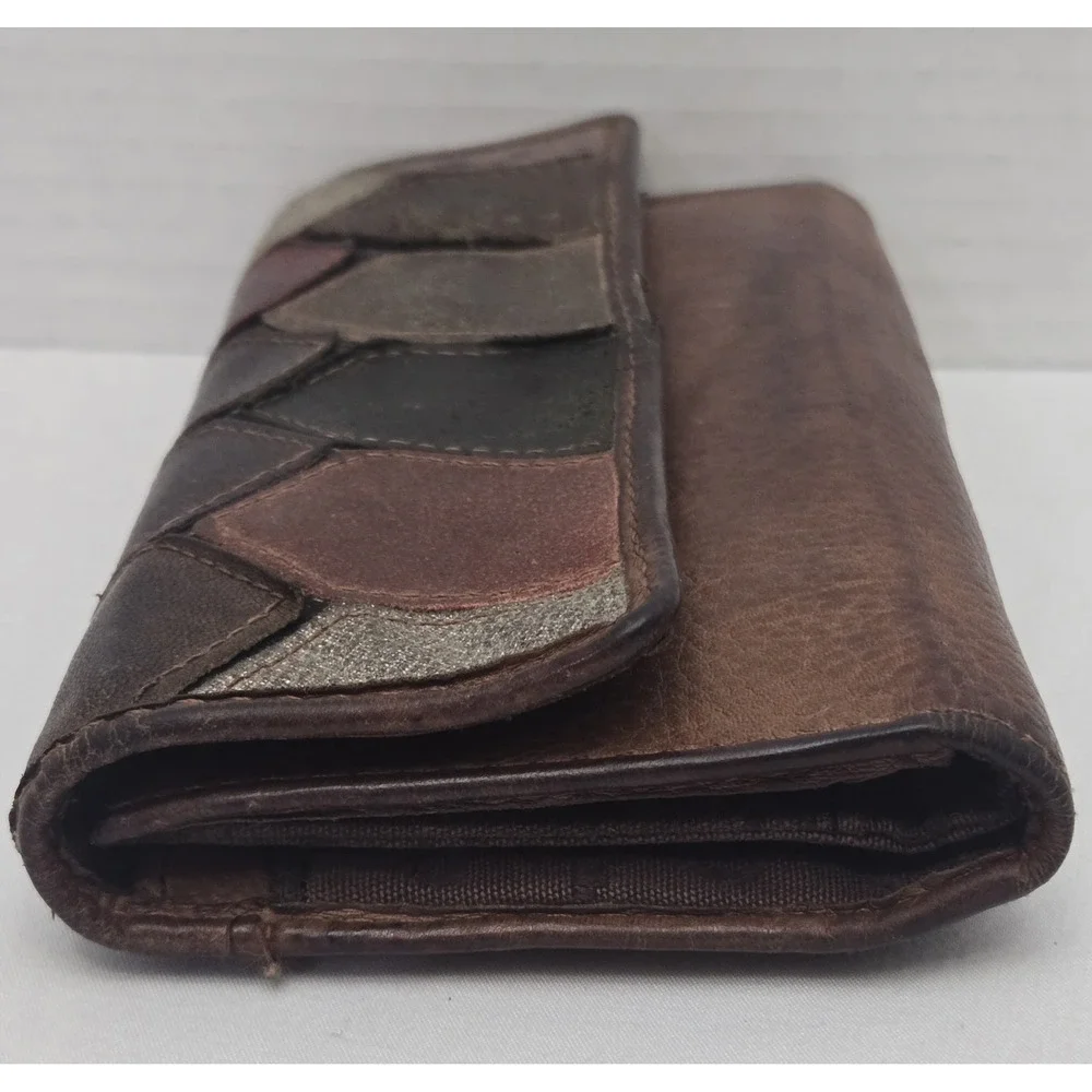 Vintage Fossil Leather Patchwork Trifold Wallet Emory Clutch Boho Y2K 1954